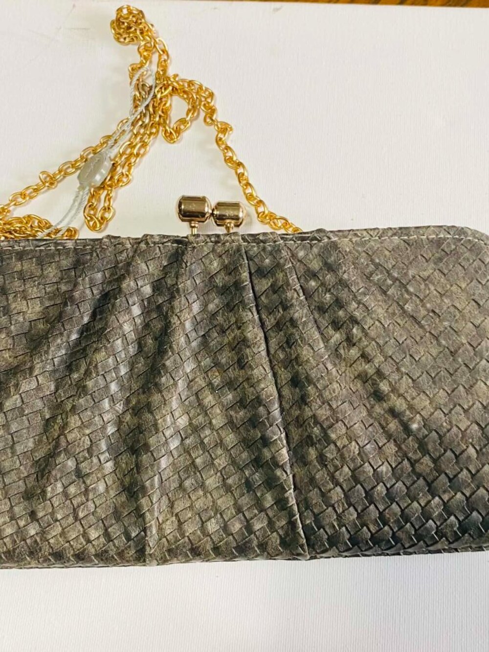 Vintage Woven Gray Clutch Gold Chain Crossbody Bag Retro Evening Purse